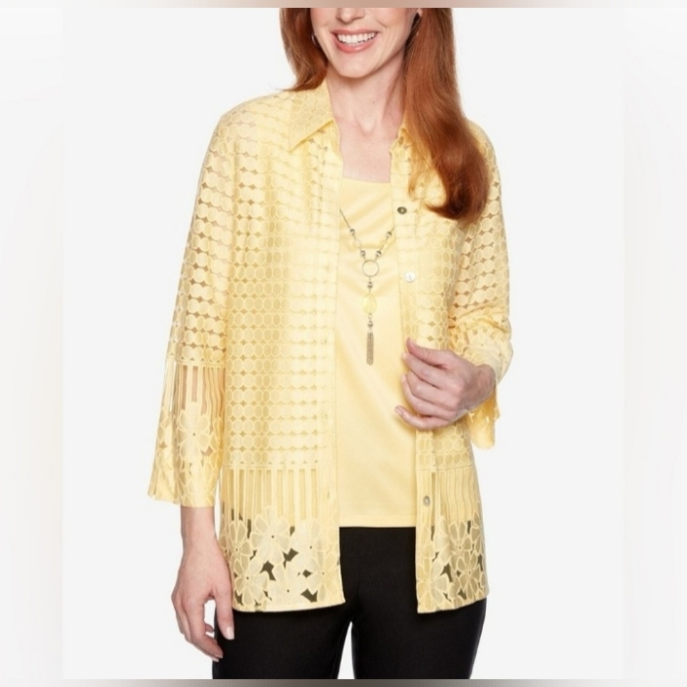 Alfred Dunner Stunner Sunny Yellow Button Up Blouse Shacket Grandmacore Summer